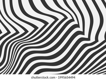 Las curvas onduladas en blanco y negro refractan el fondo abstracto. Diseño de vectores