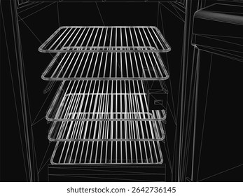 Black and white refrigerator illustration with three wire racks inside, set against a dark mysterious background. The clean line art emphasizes functionality while the shading adds depth.