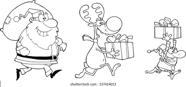 Black and White Reindeer, Elf  And Santa Claus Carrying Christmas Presents