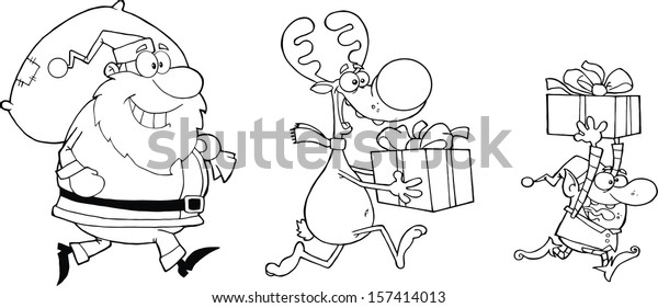 Black White Reindeer Elf Santa Claus Stock Vector Royalty