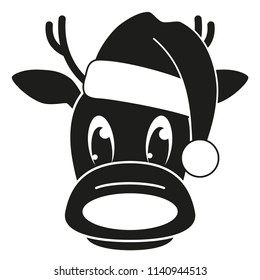 Black and white reindeer head in hat silhouette. Funny mascot holiday character. Christmas themed vector illustration for icon, logo, stamp, label, badge, certificate or gift card decoration