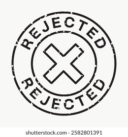 Black and white 'Rejected' stamp with a bold 'X' in the center. Circular design with distressed texture. Rejected stamp for documents or approvals. Travel stamp vector.