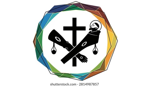 Black and white religious symbol featuring a cross and two crossed arms with stigmata inside a geometric colorful frame