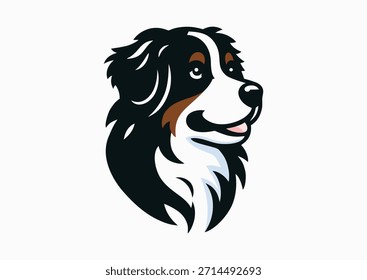 Versión en blanco y negro de border collie con su distintivo pelaje. Adorable Ilustración vectorial de perro, Clipart de mascotas, icono, insignia, etiqueta engomada, signo, logotipo, pictograma. Retrato animal juguetón estilizado