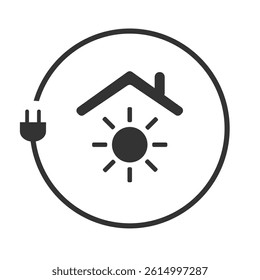 Black and White Renewable Energy, Solar Powered Smart Home Design - Concept with Electric Cord and Sun Inside a House Symbol on White Background - Creative Vector Illustration, Clip-Art Template