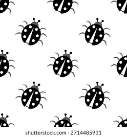 Black white repeat ladybugs on white background. Cute insects wildlife seamless pattern. Monochrome minimalist nature background.
