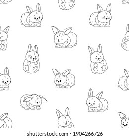Black white Repeat seamless pattern of rabbits with different emotions for coloring book. Happy, unhappy, wondered, in love and sad bunnies