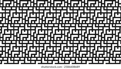 Black and white repeating maze circuit geometric pattern