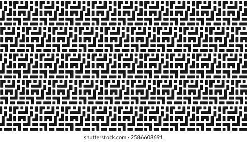Black and white repeating maze circuit geometric pattern