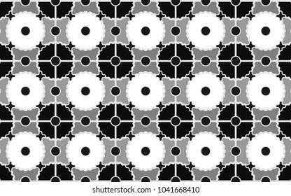 black and white repeating pattern of circles and gears with grey squares. geometric elegant design for textile, fabric, wallpaper,background and backdrops. pattern swatch available in the vector file.