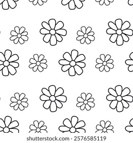 Black and white repeating pattern of flowers. Each flower features a simple design with a central circle and rounded petals, varying in size to create a visually balanced and appealing pattern.