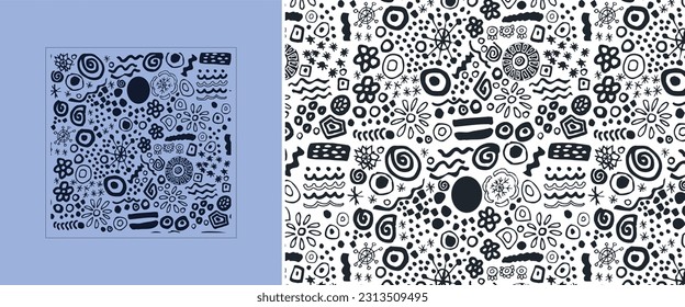 Black and white repeating pattern. Tribal african style. Abstract shapes and graphic elements.