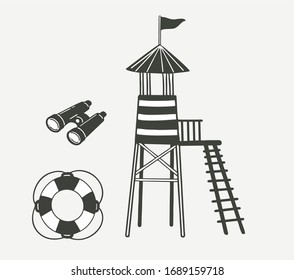  Monochrome black and white rescue tower with stairs, circle and binoculars. Security on the beach, rescue stand. Isolated vector. Ready emblem logo for print.