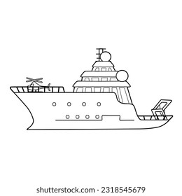 Black white research vessel for sea exploration, expedition ship with helicopter illustration. Can be used for coloring book