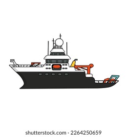 Black white research vessel, vector hand drawn isolated illustration, deep sea expedition ship on white background