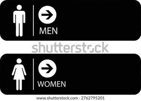 Black and white restroom signs with arrows for men and women