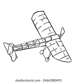 Black and white retro airplane vector illustration isolated. Flying aircraft with propeller ink hand drawn. Silhouette plane for childish design printed products, coloring. Airplane graphic line art