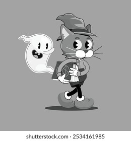 Personaje de gato de dibujos animados retro en blanco y negro en sombrero de bruja con libro de magia en su mano y compañero fantasma. Elemento de diseño de Vector de Halloween. Personaje lindo, espeluznante, raro, divertido. Estilo retro de dibujos animados.