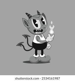 Black and white retro cartoon devil demon with fire in his fingers. Halloween vector design element. Cute creepy, scary, funny character. Cartoon retro style.