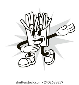 black and white retro cartoon french fries illustration