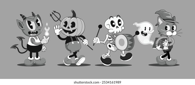 Personajes de halloween de dibujos animados retro en blanco y negro caminando en un grupo saludando a los espectadores. Elemento de diseño de Vector de Halloween. Personajes de dibujos animados divertidos lindos. Elemento de diseño de póster de tarjeta. Estilo retro de dibujos animados. 