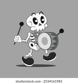 Black and white retro cartoon skeleton character playing a drum 
holding drumsticks in his hands. Halloween vector design element. Cute, creepy, weird, funny character. Cartoon retro style.