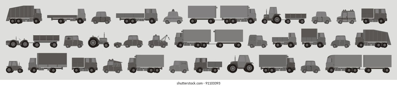 Black and white retro cartoons of trucks, cars and tractors - vector cartoon illustration set svg