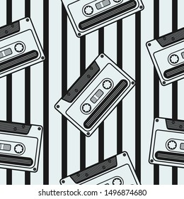 Black and White Retro Cassette Irregular Seamless Pattern With Black Stripes Ornament. Unique and Trendy irregular seamless pattern background for your unique design.