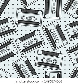 Black and White Retro Cassette Irregular Seamless Pattern. Unique and Trendy irregular seamless pattern background for your unique design.