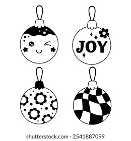 Black and white retro Christmas ornaments clipart. Cute festive doodle. Hand drawn vector illustration in flat style