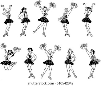 Black and white retro comic art cheerleaders with number sweaters