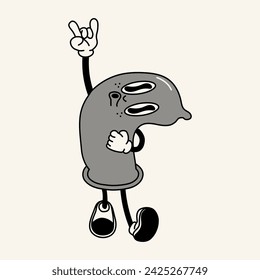 Black and white retro condom mascot character. 40s, 50s, 60s old animation style. Safe sex,birth control and contraception concept