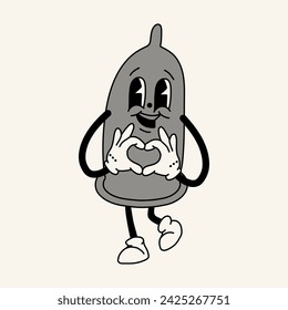 Black and white retro condom mascot character. 40s, 50s, 60s old animation style. Safe sex,birth control and contraception concept