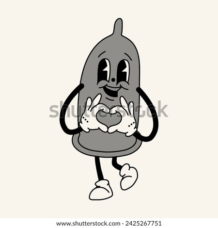 Black and white retro condom mascot character. 40s, 50s, 60s old animation style. Safe sex,birth control and contraception concept
