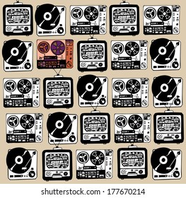 Black and white retro cool old stuff background with cassette, TV set, phonograph