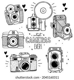 Black and White Retro Doodle style Cameras illustration in vector format. Vintage Hand drawn Photography elements