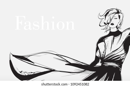 Black And White Retro Fashion Model In Sketch Style. Hand Drawn Vector Illustration