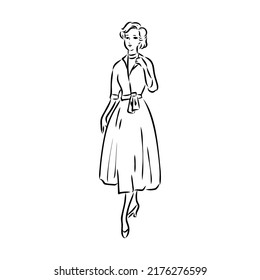 Black and white retro fashion model in sketch style. Hand drawn vector illustration