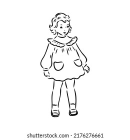 Black and white retro fashion model in sketch style. Hand drawn vector illustration