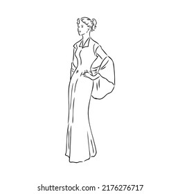 Black and white retro fashion model in sketch style. Hand drawn vector illustration