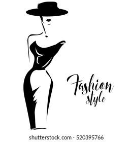 Black And White Retro Fashion Model In Sketch Style. Hand Drawn Vector Illustration