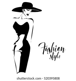Black and white retro fashion model in sketch style. Hand drawn vector illustration - Shutterstock ID 520395808