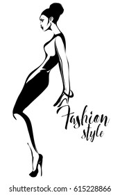 Black and white retro fashion model silhouette sketch style. Hand drawn vector illustration background