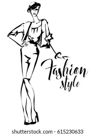 Black and white retro fashion model silhouette sketch style. Hand drawn vector illustration background