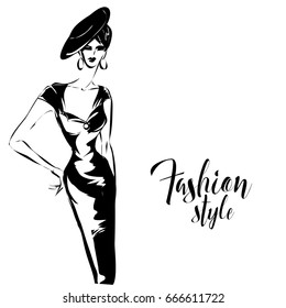 Black and white retro fashion model silhouette sketch style. Hand drawn vector illustration background