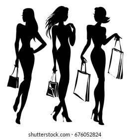 Black and white retro fashion model silhouette. Shopping girl with packs hand drawn vector illustration background