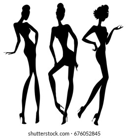 Black and white retro fashion model silhouette. Hand drawn vector illustration background