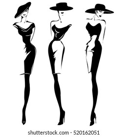 Black And White Retro Fashion Models Set In Sketch Style. Hand Drawn Vector Illustration