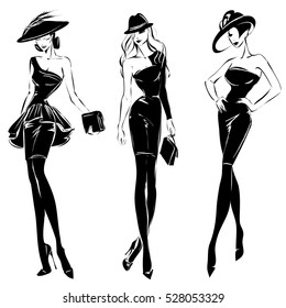 Black and white retro fashion models set in sketch style. Hand drawn vector illustration