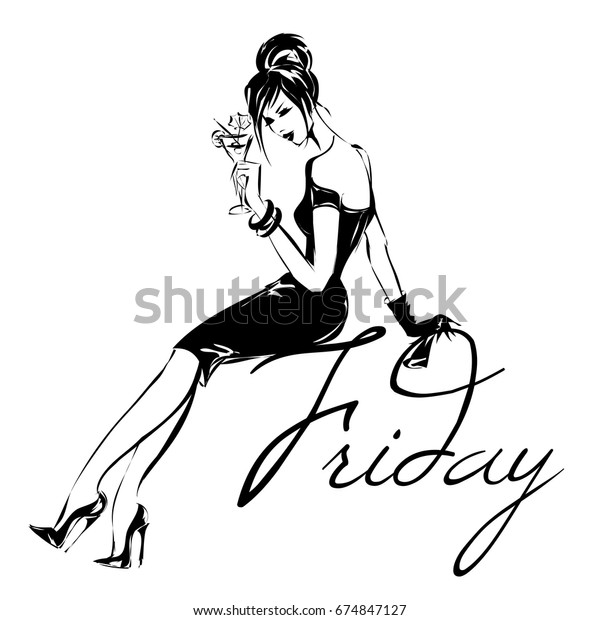 マルティニカクテルを飲むレトロなファッション女性のモデルシルエット スケッチスタイルの手描きのベクトルイラスト背景 のベクター画像素材 ロイヤリティフリー